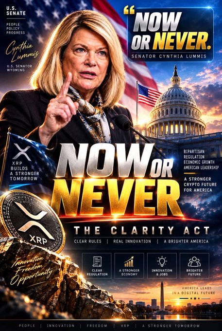 A political promotional graphic featuring Senator Cynthia Lummis promoting 'The Clarity Act' with XRP branding, featuring text like 'NOW OR NEVER', 'XRP BUILDS A STRONGER TOMORROW', and 'A STRONGER CRYPTO FUTURE FOR AMERICA'.