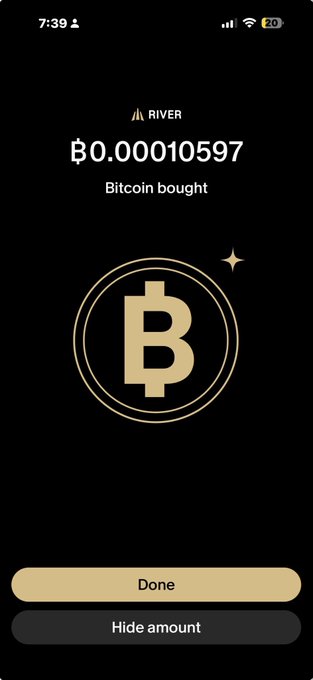A mobile app screenshot for 'RIVER' showing a Bitcoin purchase confirmation of ₿0.00010597 with 'Done' and 'Hide amount' buttons.