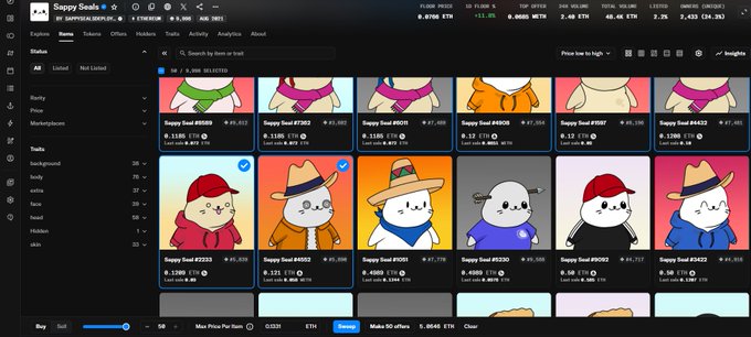 NFT marketplace screenshot of the 'Sappy Seals' collection showing various cartoon seal characters with hats and outfits, listed for sale with prices in ETH.