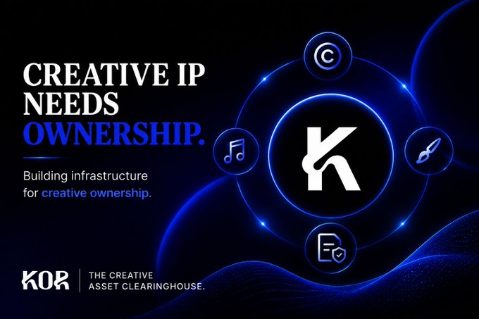 A promotional graphic for KOR, The Creative Asset Clearinghouse, with the tagline 'CREATIVE IP NEEDS OWNERSHIP. Building infrastructure for creative ownership' alongside a stylized 'K' logo surrounded by copyright, music, art, and document icons.