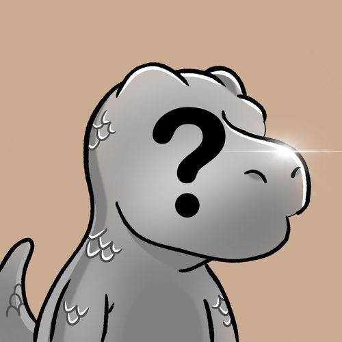 A grayscale cartoon dinosaur with a question mark on its forehead stares inquisitively. The image reflects the post's tone of anticipation and uncertainty, as the user awaits the reveal of the @Chomperz_nft project while expressing confidence in the developer.