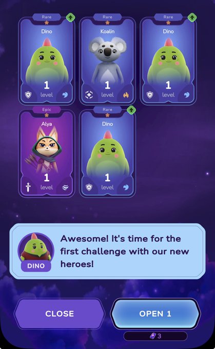 The image shows a mobile game screen featuring five character cards—three green dinosaurs named "Dino," a koala named "Koalin," and a cat named "Alya" (marked as Epic rarity)—each at level 1, with a dialogue from "DINO" announcing "It's time for the first challenge with our new heroes!" and options to "CLOSE" or "OPEN 1." The post highlights the enjoyable gaming experience of Sleepagotchi on Telegram, where playing mini-games helps relieve stress and may improve sleep quality.