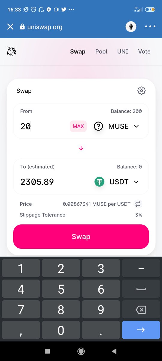 A Uniswap swap interface on uniswap.org showing a swap of 20 MUSE tokens for an estimated 2305.89 USDT at a price of 0.00867341 MUSE per USDT.