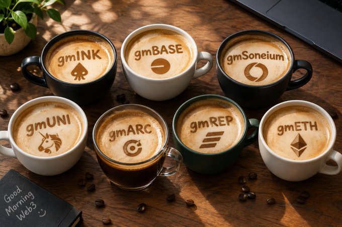 Seven coffee cups arranged on a wooden table display latte art with crypto-themed labels: gmINK, gmBASE, gmSoneium, gmUNI, gmARC, gmREP, and gmETH, alongside a notebook reading 'Good Morning Web3'.