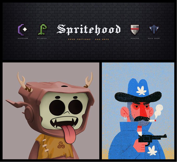 A promotional image for 'Spritehood' (tagline 'FOUR FACTIONS • ONE GRITE') displaying two illustrated character factions: a hooded skull creature under the 'WILDROSE' logo and a smoking gunslinger under the 'MOTO GAUNT' logo.