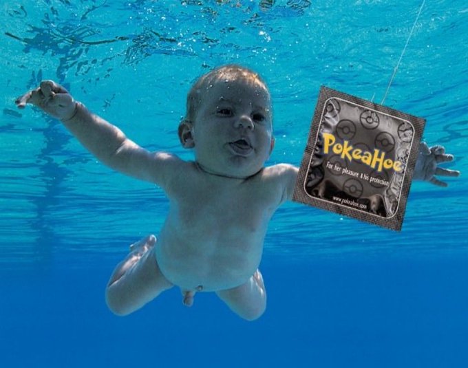 A baby swims underwater next to a packet of "PokeAhHoe" condoms labeled "For her pleasure & No protection."