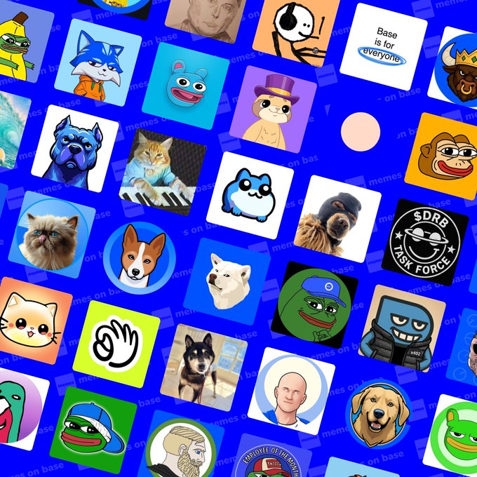 A blue background tiled with a grid of various meme coin logos and character icons—including cats, dogs, Pepe frogs, and other internet meme characters—overlaid with faint "memes on base" text. Visible elements include a "Base is for everyone" logo and "$DRB TASK FORCE" emblem, directly referencing the post's question about which memecoins on the Base blockchain users are supporting.