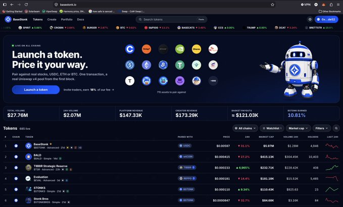 Screenshot of the BaseStonk.io website showing a token launch platform on the Base blockchain, featuring a robot mascot and a table of trending tokens including BaseStonk, BALD, FREE Strategic Reserve, Evaluation, $TONKS, and Stonk Bros, with 24H volume at $2.07M and platform revenue at $121.03K.