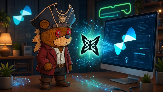 A cartoon bear pirate wearing a tricorn hat stands at a desk, gazing at a computer monitor displaying code alongside a glowing blue butterfly logo and symbol. The image visually complements the post by depicting the watchful, hands-off monitoring of a testnet node, with the butterfly icon matching the $QUIP branding in a tech-focused workspace.