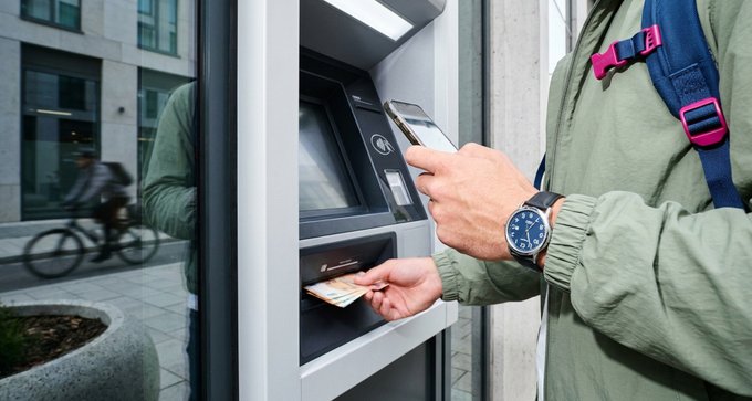 A person in a green jacket with a backpack and wristwatch using a smartphone and inserting a card into an outdoor ATM kiosk.