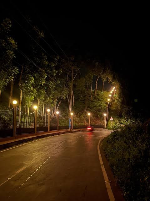 A wet road curves uphill at night, illuminated by a series of warm streetlamps lining the left side.