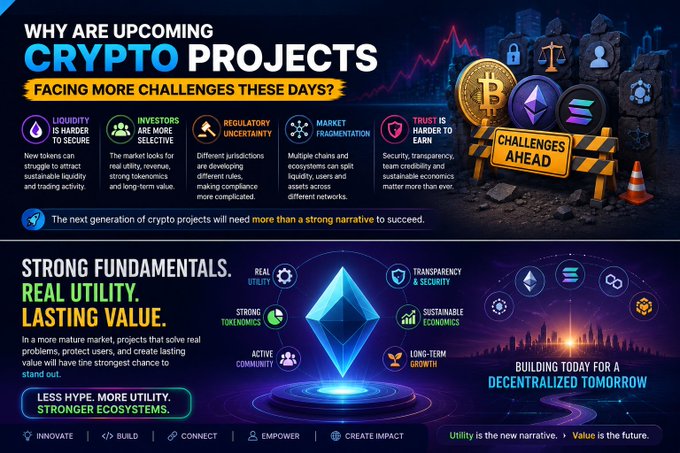 An infographic titled "WHY ARE UPCOMING CRYPTO PROJECTS FACING MORE CHALLENGES THESE DAYS?" highlighting issues like liquidity, investors, regulation, fragmentation, and trust, with a bottom section on "STRONG FUNDAMENTALS. REAL UTILITY. LASTING VALUE."