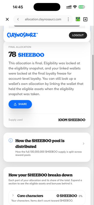 A mobile screenshot of the Claynosaurz allocation page showing a final allocation of 78 SHEEBOO tokens, with supply information and distribution details.