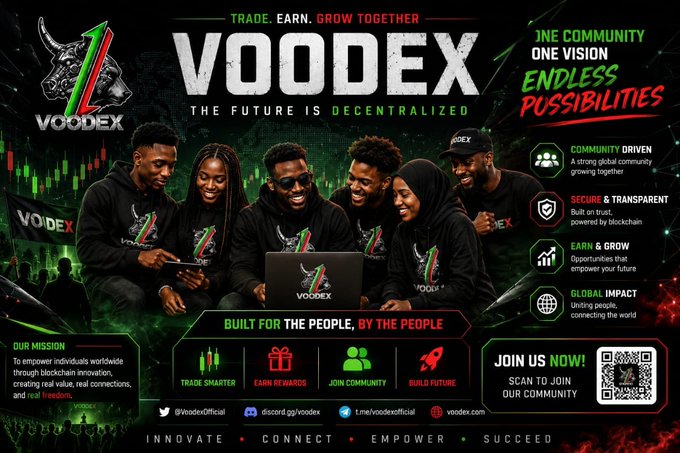 A promotional banner for "VOODEX - THE FUTURE IS DECENTRALIZED" featuring a diverse group in branded hoodies, with slogans like "TRADE. EARN. GROW TOGETHER" and "ENDLESS POSSIBILITIES," plus a QR code and social handles.