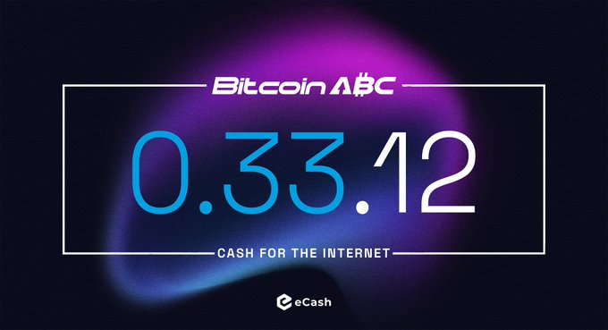 A graphic displays 'Bitcoin ABC' with a value of '0.33.12' and the tagline 'CASH FOR THE INTERNET' over a purple and blue nebula background, with an eCash logo at the bottom.