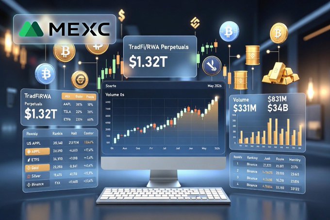 A futuristic trading dashboard displays MEXC exchange branding alongside cryptocurrency icons (Bitcoin, Litecoin), gold bars, and candlestick charts, featuring headlines like "TradFi/RWA Perpetuals $1.32T" and volume figures ($831M, $331M, $34B) on a desktop monitor. The image visually reinforces the post's theme about how crypto exchanges are evolving beyond simply listing more coins to offering advanced trading products like TradFi/RWA perpetuals with substantial market volume.
