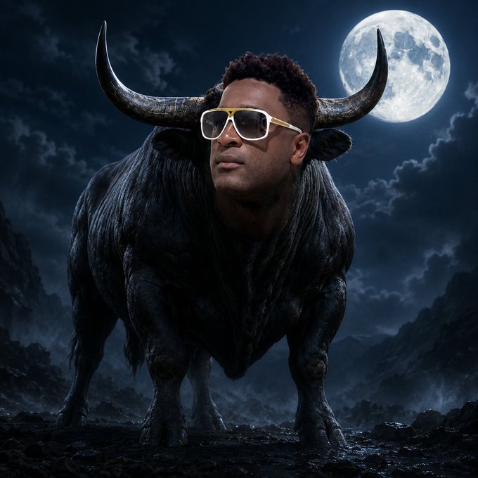 A surreal, dark image shows a man's face superimposed onto the body of a black bull with large horns, wearing yellow sunglasses under a full moon. The image ties into the launch of the "$BROOTS" token on pump.fun, as "broots" appears to be a play on "bull" and "roots," with the bullish imagery reinforcing the token's launch.

The accompanying token address and pump.fun link are: **EDeabSuGDZiBBg3s2ctaAMb3DzehXnbfU75kWD95pump — pump.fun/coin/EDeabSuGD…**