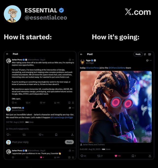 An X.com post by ESSENTIAL (@essentialceo) showing a 'How it started / How it's going' comparison featuring Jarlan Perez's tweet about leaving Web3 to join the OthersideMeta team.