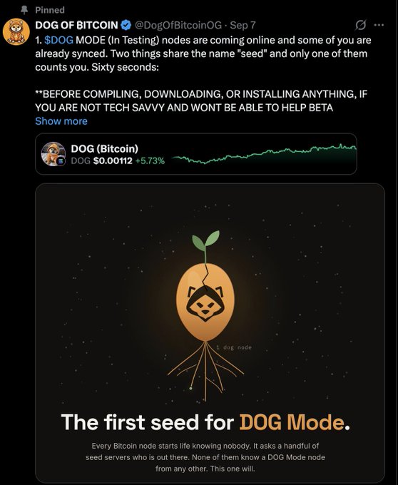 A pinned X (formerly Twitter) post from '@DogOfBitcoinOG' discusses 'DOG MODE (In Testing)' nodes, featuring a chart for 'DOG (Bitcoin)' and an illustration of a sprouting dog coin titled 'The first seed for DOG Mode.'