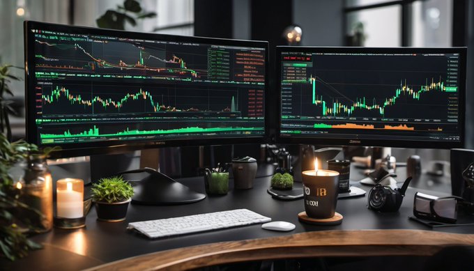 Two monitor trading setup displaying BTC and ETH candlestick charts with green price action, alongside a "COFFEE.COM" mug, lit candle, and keyboard on a desk—visually reinforcing the post's update on Bitcoin hovering at $79,955 just below the $80K mark and Ethereum trading around $2,505.