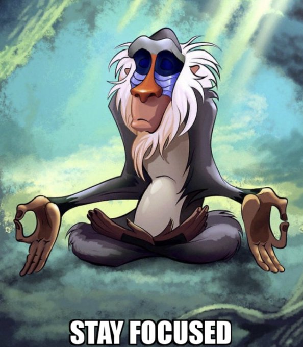The image features a cartoon monkey sitting cross-legged with its hands together, as if meditating or practicing mindfulness. The text "Stay focused" is written above the monkey's head, emphasizing the importance of staying focused on one's goals. The overall scene conveys a sense of calm and concentration, which aligns well with the message of the post.