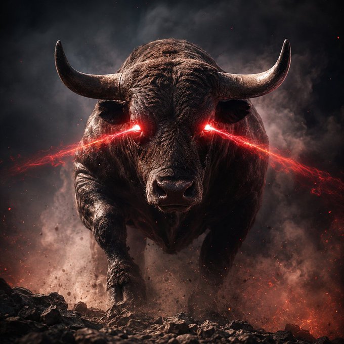 A dramatic digital artwork of a charging bull with glowing red laser beams shooting from its eyes amid dust and embers.