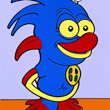 A blue cartoon bird-like character with a large red nose and yellow eyes smiles with hands on its hips against a light purple background.