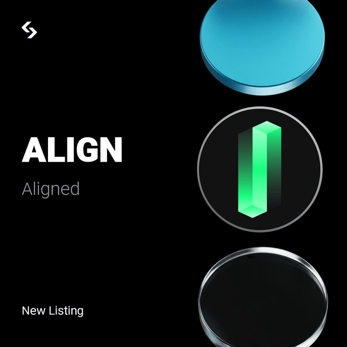 The image is a promotional graphic announcing the initial listing of $ALIGN (Aligned) on Bitget, featuring a 3D green crystal/prism logo encircled on a dark backdrop alongside a blue circular token design, with text reading "ALIGN," "Aligned," and "New Listing" to highlight the upcoming ALIGN/USDT trading pair.