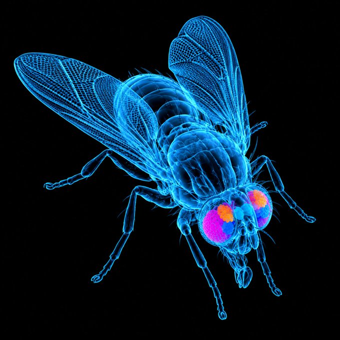 A 3D rendered transparent blue model of a fly with glowing pink, orange, and purple compound eyes against a black background.