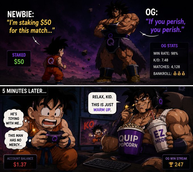 A two-panel Dragon Ball meme showing a small Goku (newbie) betting $50 against a massive muscular Goku (OG) with a 98% win rate, who says 'If you perish, you perish'; five minutes later the newbie is left with $1.37 after being destroyed while the OG relaxes with QUIP popcorn on a 247-win streak.