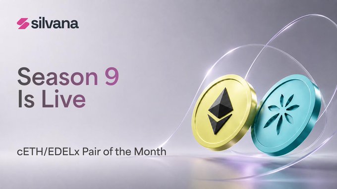 A promotional graphic for Silvana's EarnHub Season 9, featuring the text "Season 9 Is Live" alongside the "cETH/EDELx Pair of the Month" designation, with 3D-rendered Ethereum (yellow) and Edelcoin (teal) tokens displayed against a soft gradient background. The visual highlights the featured trading pair rewards program announced in the announcement.