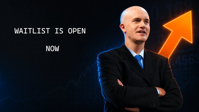 The image features a confident, bald man in a dark suit with arms crossed, set against a dark background with stock market chart numbers (0.16, 4563) and a glowing orange upward arrow, alongside the text "WAITLIST IS OPEN NOW"—visually reinforcing the post's theme of rising momentum around tokenized stocks and the upcoming Memes500 platform launch on Base.