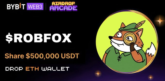 A promotional graphic for a $ROBFOX token airdrop offering $500,000 USDT in rewards, featuring a cartoon fox mascot dressed as Robin Hood with a magnifying glass, instructing participants to drop their ETH wallet address to receive 100,000 $ROBFOX tokens ahead of its listing on RobinHood.