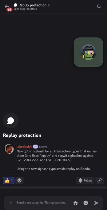 A Discord message from 'lukedashjr' posted at 1:23 PM in the 'upcoming-hardfork' channel under 'Replay protection' announces a new opt-in sighash for all transaction types that unifies legacy and segwit sighashes, fixing CVE-2013-2292 and CVE-2020-14199, with 4 reactions.