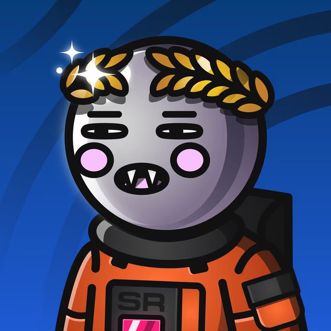 A cartoon astronaut character with golden laurel wreaths on its head and small fangs smiles against a blue background, wearing an orange spacesuit labeled "SR" with a Space Riders logo. The triumphant laurel crown and astronaut theme visually reinforce the "Space Riders" branding mentioned in the post.