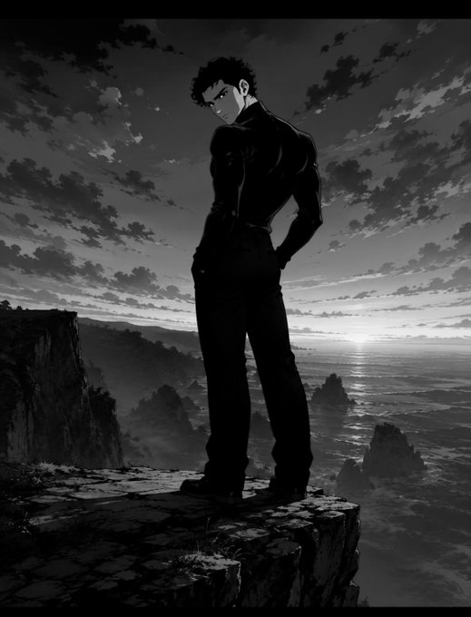 A black-and-white anime-style illustration of a man in dark clothing standing on a rocky cliff edge, looking back over his shoulder toward a dramatic seascape with a setting sun.
