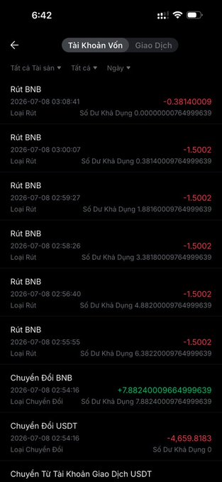 A mobile screenshot of a Vietnamese cryptocurrency transaction history (Tài Khoản Vốn) showing a series of BNB withdrawals and conversions on July 8, 2026, with red negative amounts like -1.5002 and -0.38140009 BNB, plus a +7.882400009664999639 BNB conversion. The image relates to the post by visually demonstrating the suspicious money flow pattern the user describes, showing multiple rapid BNB withdrawals (Rút BNB) that illustrate how the hacker moved funds through the victim's wallet rather than withdrawing directly.