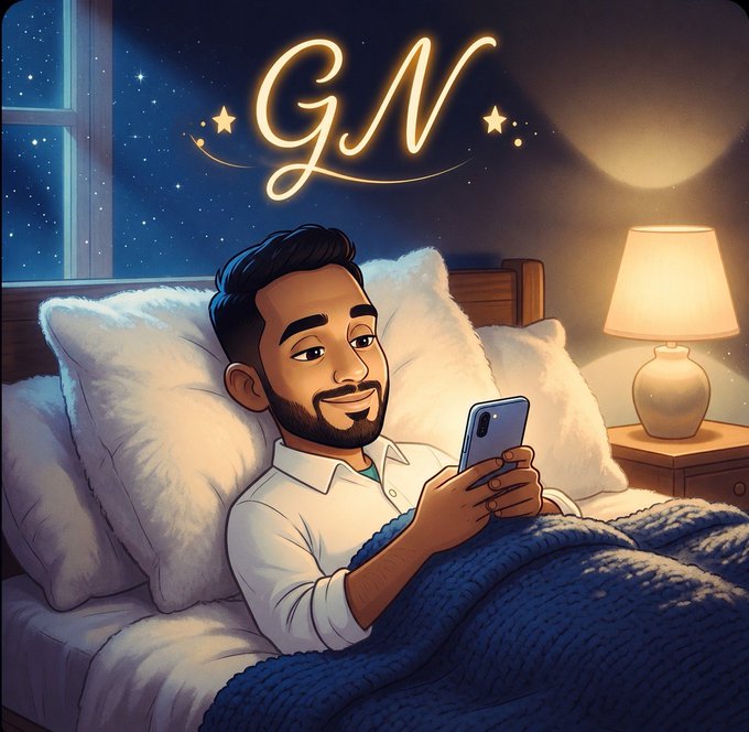 Digital illustration of a man with a beard in bed using a phone, with glowing 'GN' (good night) text and stars in the background.