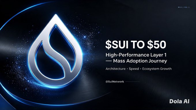 A promotional graphic for Sui cryptocurrency titled '$SUI TO $50 - High-Performance Layer 1 - Mass Adoption Journey', highlighting Architecture, Speed, and Ecosystem Growth, branded by Dola AI.
