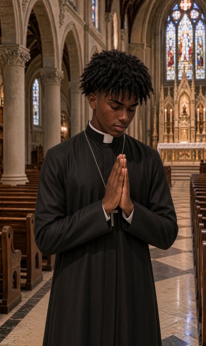 A young man in black clerical attire with a white collar, hands clasped in prayer, standing inside an ornate cathedral with stained glass windows and stone columns.