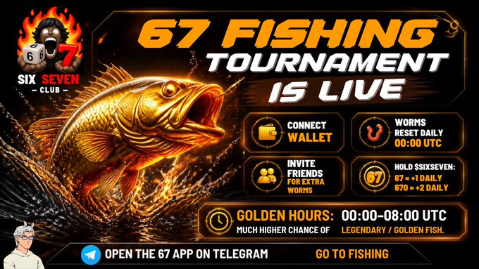 A promotional banner for '67 FISHING TOURNAMENT' by Six Seven Club, featuring a golden fish and details about connecting wallets, worms, inviting friends, holding $SIXSEVEN tokens, and Golden Hours from 00:00-08:00 UTC