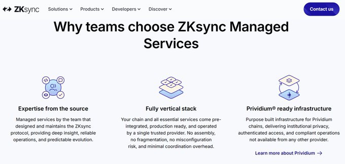 A webpage section titled 'Why teams choose ZKsync Managed Services' featuring three columns: 'Expertise from the source', 'Fully vertical stack', and 'Prividium® ready infrastructure'.