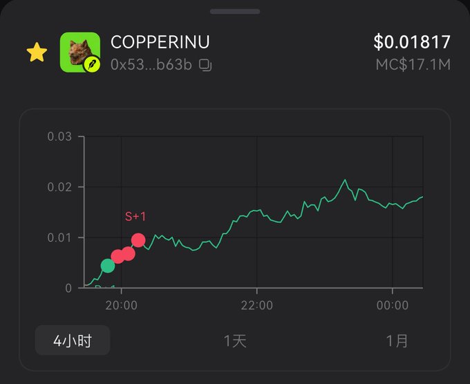 A cryptocurrency price chart for COPPERINU showing a current price of $0.01817 with a market cap of $17.1M, displaying price movement over 4 hours.