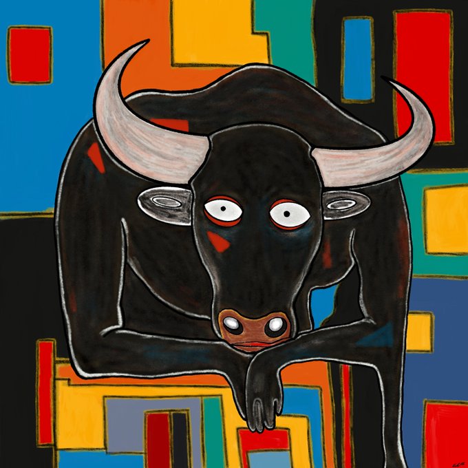 A colorful, stylized painting of a black bull with large white horns and wide eyes, set against a vibrant geometric background featuring blocks of red, yellow, blue, orange, and black.