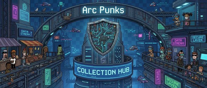 An illustrated cyberpunk scene titled 'Arc Punks' shows a 'COLLECTION HUB' shield display with characters on platforms and signs reading 'DATA STREAM', 'SECURE LAYER', and 'GAMBLING'.