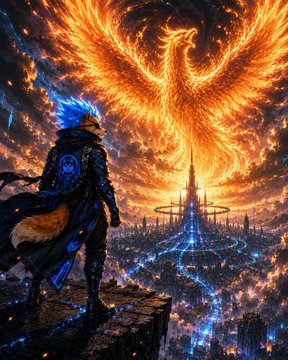A picture of a person wearing a dragon costume standing on top of a cliff next to a city skyline at night with a large, orange bird flying behind them. The background features a fiery display of orange clouds against the dark sky.