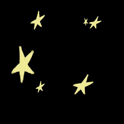 A digital illustration features five pale yellow stars of varying sizes scattered across a solid black background.