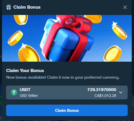 A "Claim Bonus" popup window displays a 729.3197 USDT reward (CA$1,012.28) available to claim, featuring a gift box with a red ribbon and gold coins. The image ties into the post's announcement that Stake has released its monthly bonus drop for users to claim.