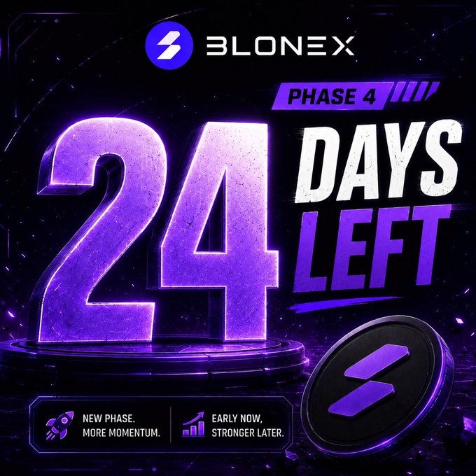 A promotional graphic for Blonex ($BLONEX) featuring large purple 3D text displaying "24 DAYS LEFT" alongside a "PHASE 4" label and the Blonex logo on a coin, reinforcing the post's message about the limited time remaining in the current phase before the price moves from $0.20 to $0.25.