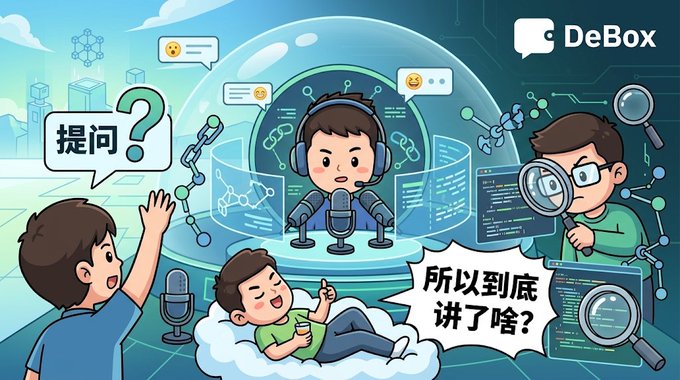 An illustrated promotional image for 'DeBox' showing cartoon characters with microphones, headsets, and magnifying glasses, with Chinese text including '提问?' (Question?) and '所以到底讲了啥?' (So what was actually said?).